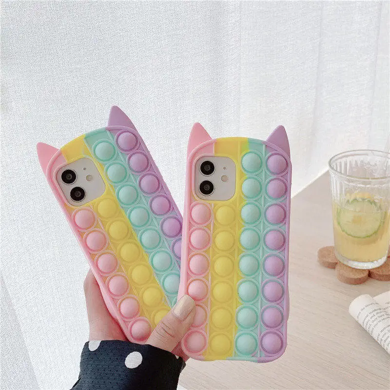 Cute Rainbow Cat Popit Push Bubble Silicone iPhone Case For iPhone11 12 Pro Max Mini X XS XR 8 7 Autism Sensory Fidget Cover | Мобильные