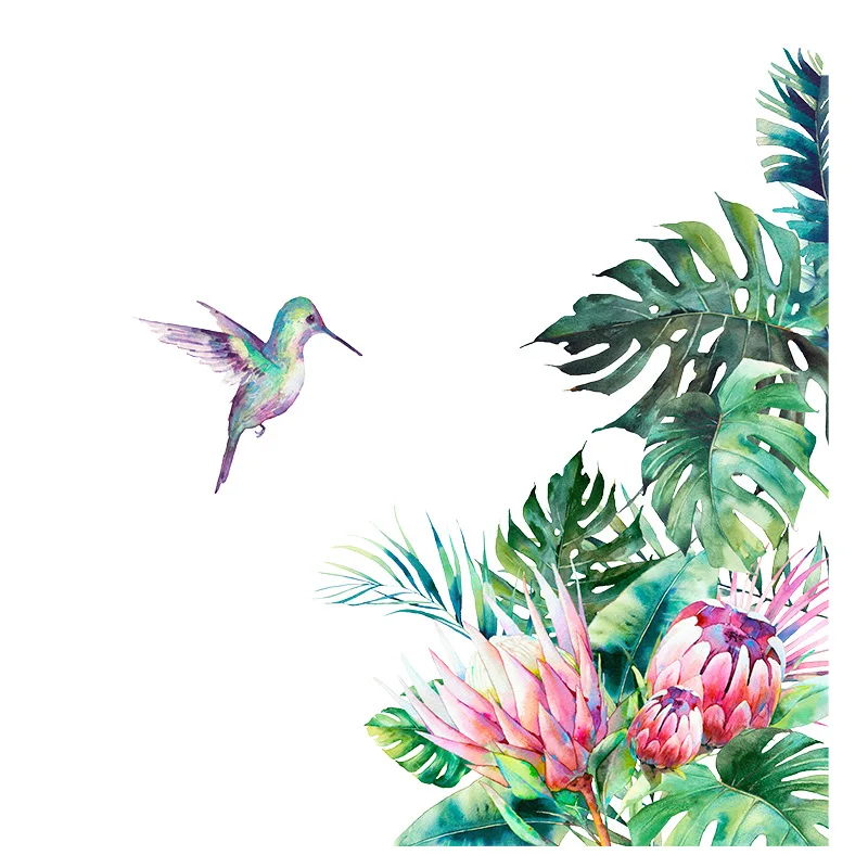 

Wall Stickers Home Decor Tropical Vegetation Bird Green Leaves Room Background Wall decoration Removable PVC Stickers
