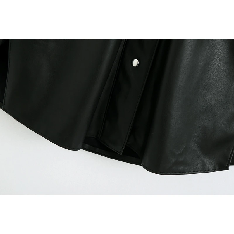 

YOSICIL Women Black PU Faux Leather Shirt Jacket Long Sleeve Side Split Streetwear Coat Turn Down Collar Loose Outerwear Coats