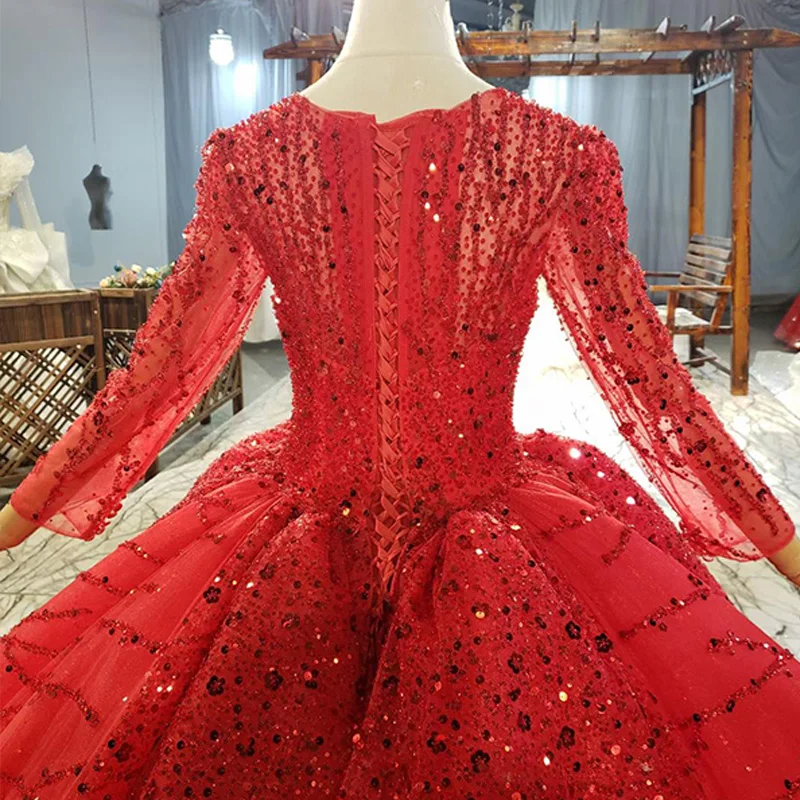 HTL1833 Sequined Applique Red Custom Evening Dress 2020 Sweetheart Three Quarters Sleeve Crystal Beading