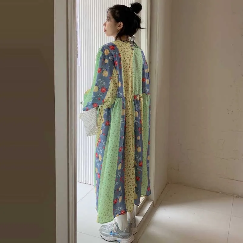 2021 mujeres impresión Floral vestido coreano de manga larga de una sola pieza Casual vestidos primavera otoño señoras vestido elegante vestido largo