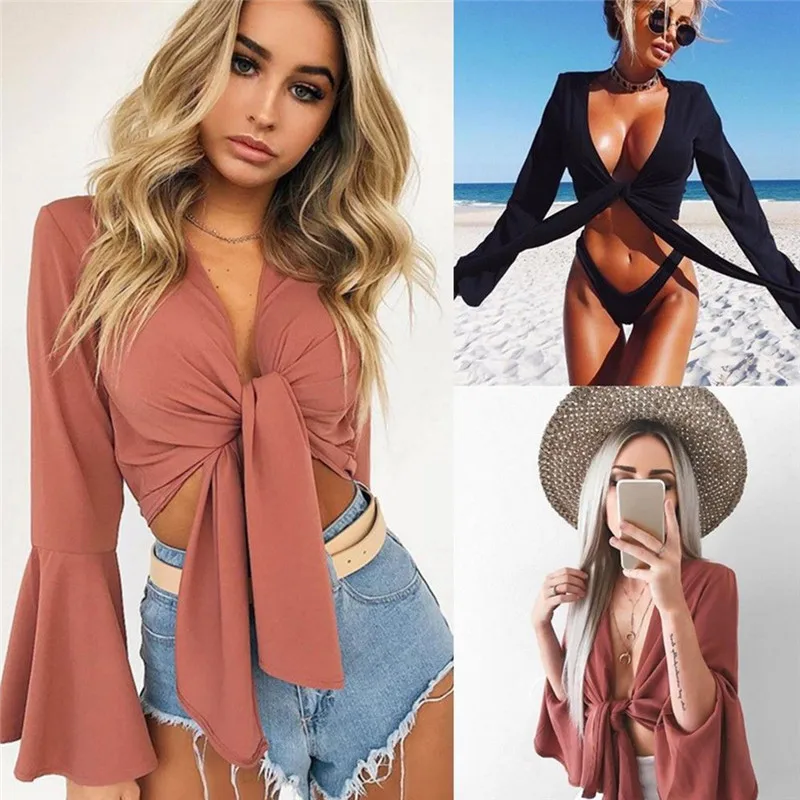 

Women Fashion Flare Sleeve Blouse And Shirts 2020 Summer Women Crop Tops Ladies Sexy Deep V-Neck Lace Up Chiffon Shirt