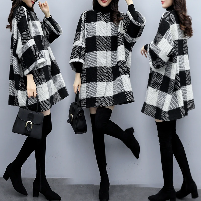 

Plaid Cloaks Woman Coats Autumn Winter 2020 Woolen Overcoat Korean Casaco Feminino Loose Woolen Coats Ropa Mujer