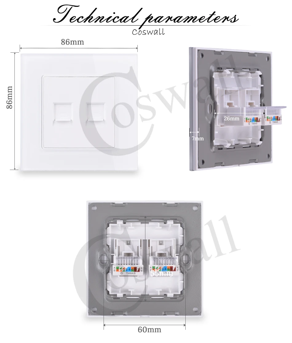 COSWALL Кристалл Закаленное стекло панель настенная розетка двойной RJ45 CAT5E Интернет-компьютер данных разъем C1 серии