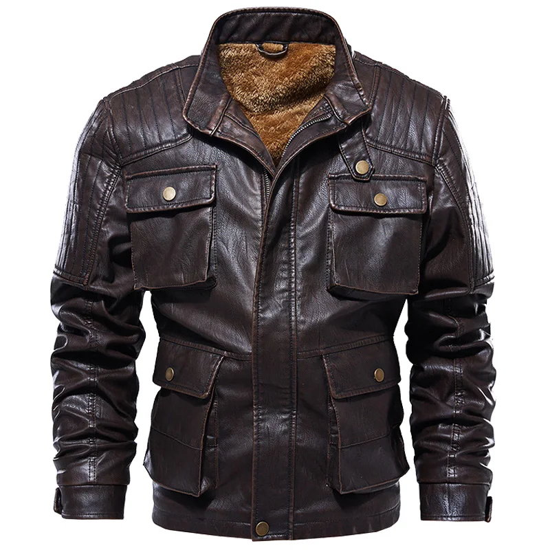 Куртка мужская зимняя флисовая однотонная деловая тактическая кожаная теплая
