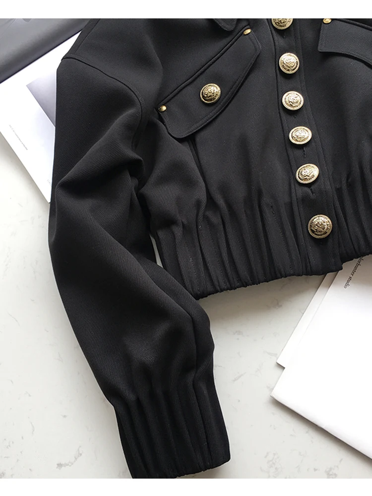 

Black lapel single row button decoration elastic waist waist short coat ladies autumn new style personality versatile top