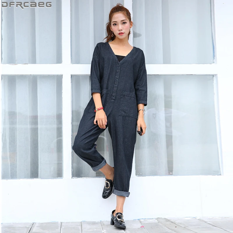 

Vintage Black Denim Women Overalls New Spring Summer Streetwear Loose Ladies Rompers Half Sleeve Deep V-Neck Wash Jeans Jumpsuit