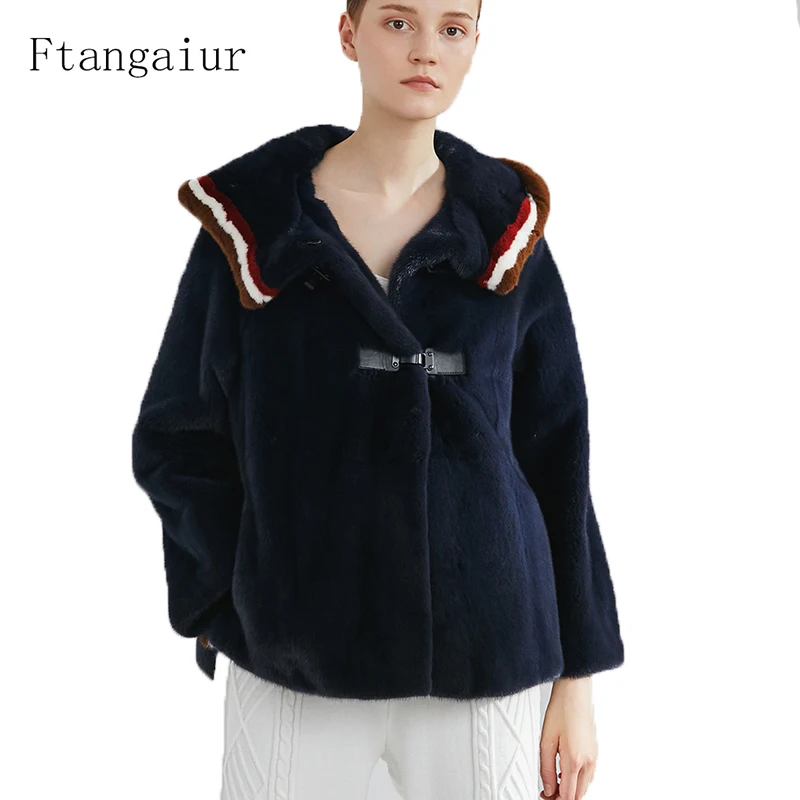 

Ftangaiur Winter Women Jacket Velvet Mink Fur Coat With Fur Hood Genuine Leather Mink Coat For Women's Short Real Mink Fur Coats