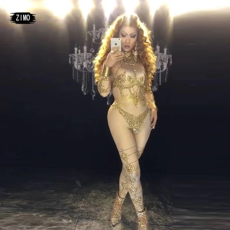 

Sexy Rhinestone Gold Nude Jumpsuit Women long sleeve Stretch Shiny Crystal bodysuit Nightclub Dance party birthday Stage Costume