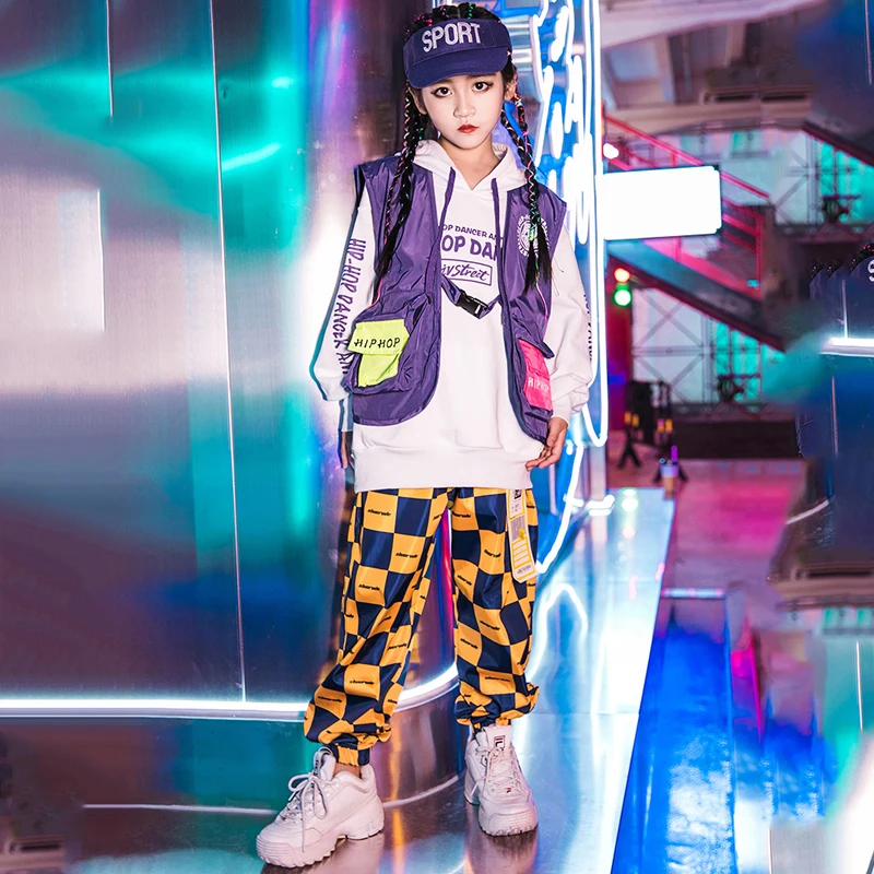 Детский костюм для танцев в стиле хип хоп комплект джазовых желтые клетчатые