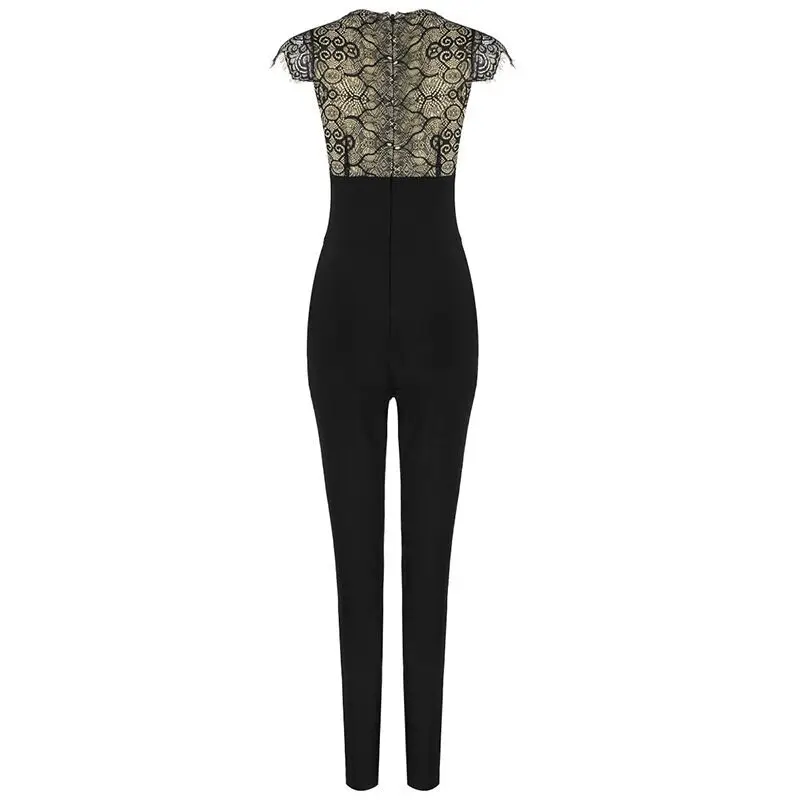 Высококачественный черный кружевной Облегающий комбинезон из вискозы с v