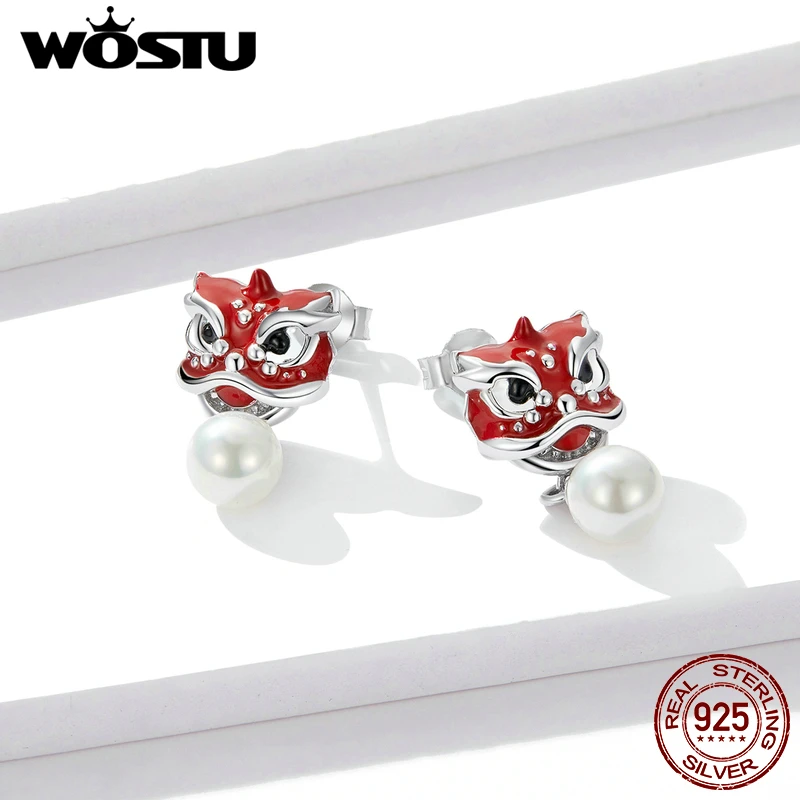WOSTU Genuine 925 Sterling Silver Chiness Lion Dance Drop Earrings Red Enamel Pearl For Women Lucky Jewelry FNE333 | Украшения и