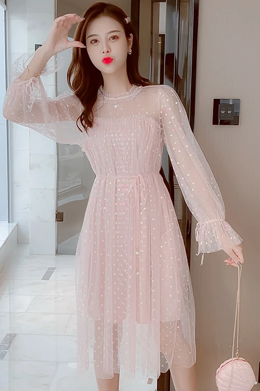 

COIGARSAM Office Lady Lace Women dress Spring Strapless Mesh High Waist Dresses Pink Apricot 8608