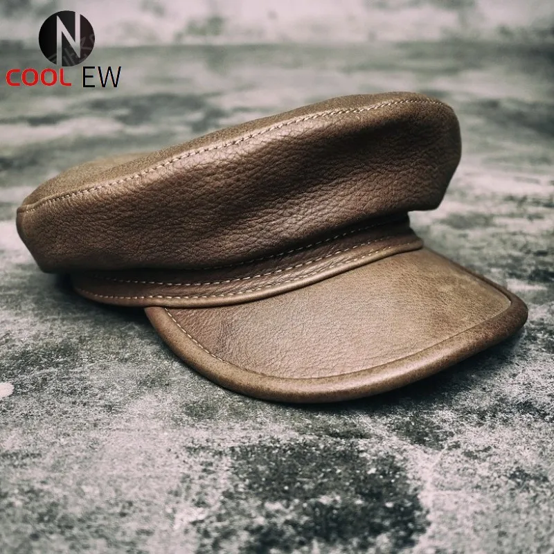 

Luxury Genuine Leather Lovers Punk Military Hat Casquette Vintage Beret Gorro Women Cap Beanie Peaked Cap Mens Motor Biker Hats