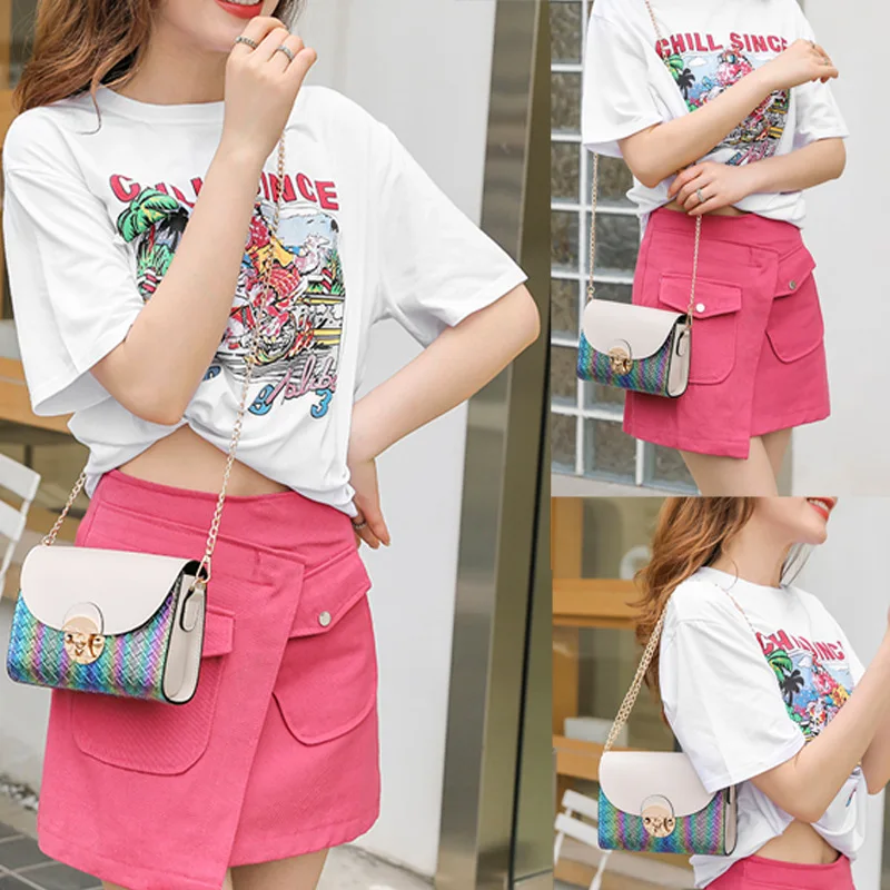 Women Bag Casual Travel Handbag With Silk Scarf Ladies Chain shoulder Messenger Bag Fashion Woven Pattern Leather Crossbody Bag