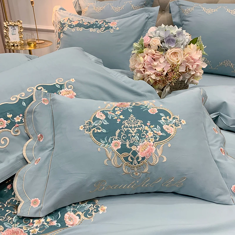 

Luxury Green Pink Pastoral Flowers Embroidery 100S Egyptian Cotton Sanding Bedding Set Duvet Cover Bed sheet/Linen Pillowcases