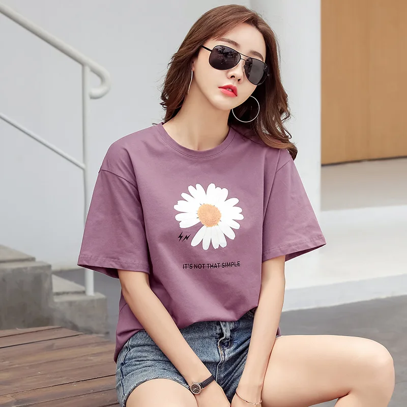 

Women Simple Cotton Short Sleeve T Shirt Floral Print Loose Korean Style Streetwear Ladies Cotton Blouse Female Plus Size New