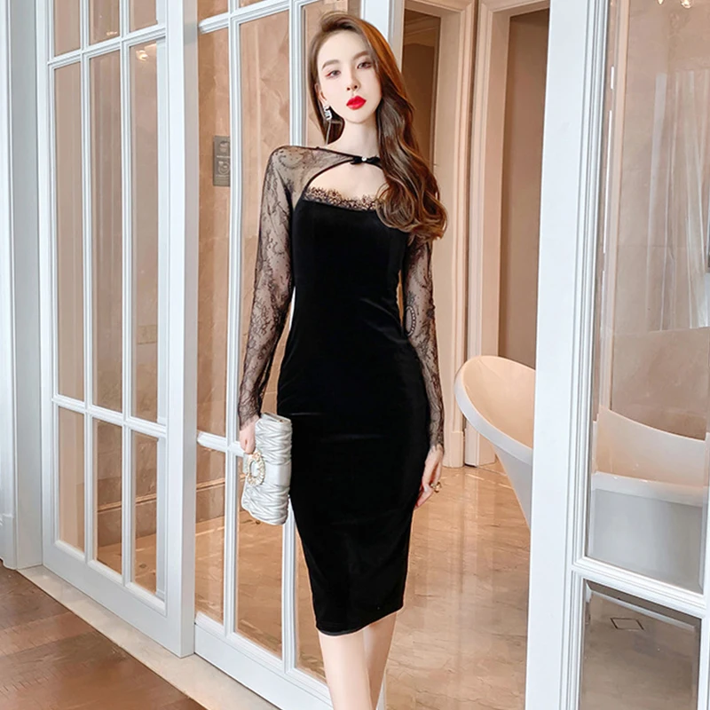 

Fashion Korean Women Vintage Sexy O-Neck Hollow Midi Party Dress Perspective Backless Bodycon Skinny Velvet Black Female Dress