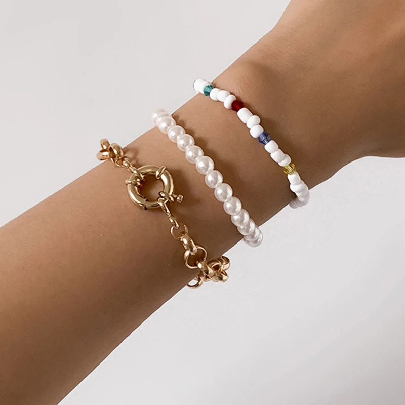 

YWZIXLN 3pcs/set Boho Vintage Geometric Hollow & White Pearl Chain Bracelet Accessories Best Gift For Women Wholesale B032