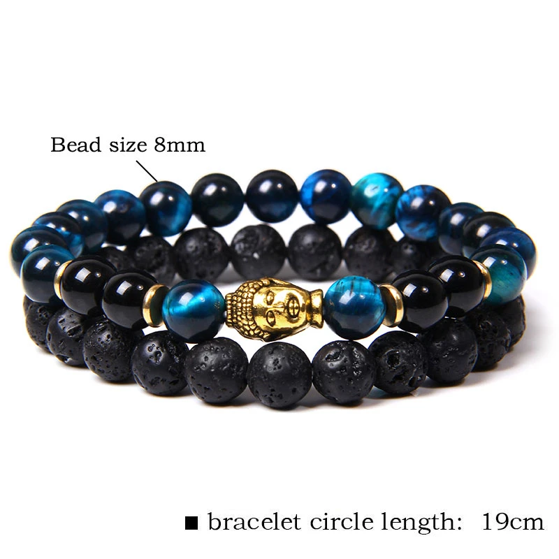 Браслет из вулканической лавы 8 мм 2 шт./компл. Золотая подвеска в виде головы