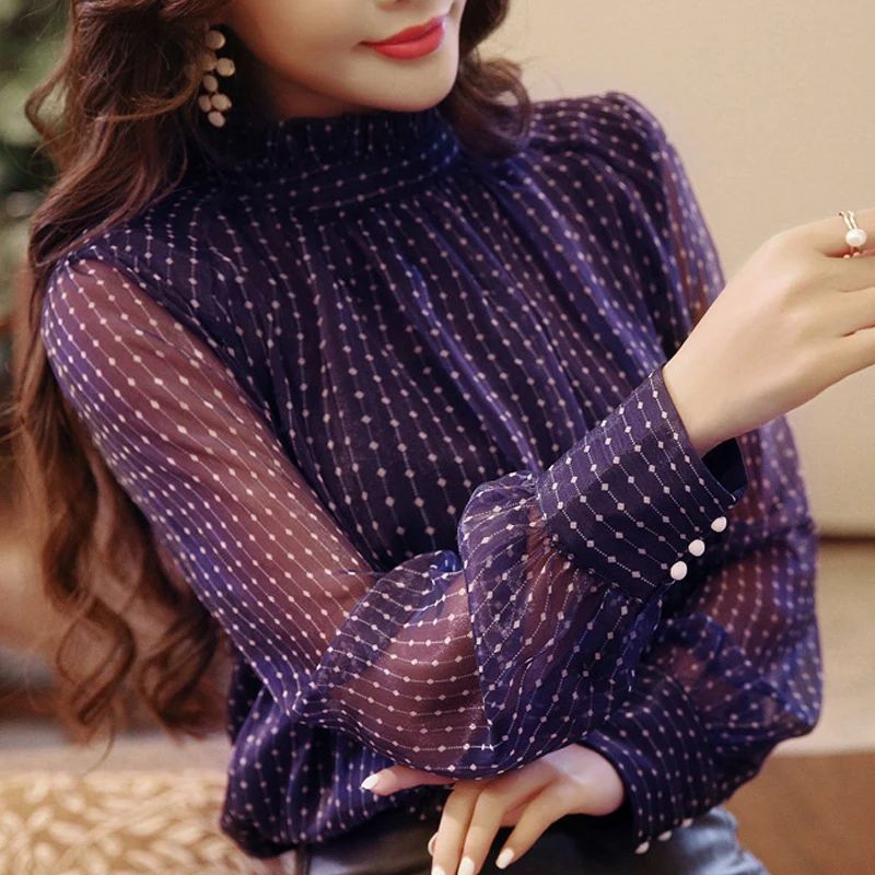 2020 женская прозрачная блузка осенняя рубашка оверсайз с круглым вырезом длинным