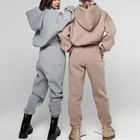 Повседневный однотонный укороченный пуловер с капюшоном, женский спортивный костюм, толстовка с капюшоном и свисающими плечами и брюки на шнуровке, Женский комплект, Осень-зима 2021