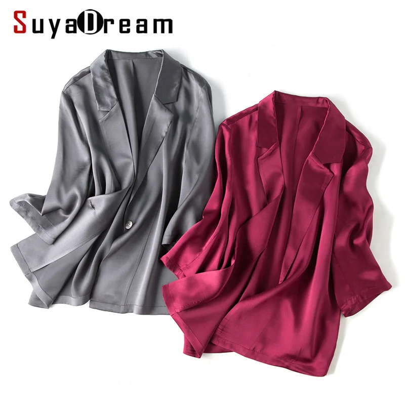 Женский Шелковый Блейзер 100% однотонный офисный блейзер с рукавом 3/4 на одной