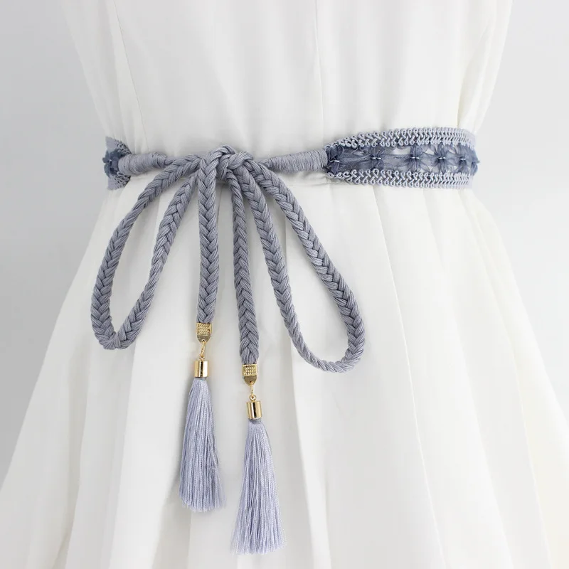 

Boho Girls Thin Waist Rope Knit Belts Fashion Women Solid Color Braided Tassel Belt for Dress Waistbands Accessories Wholesale