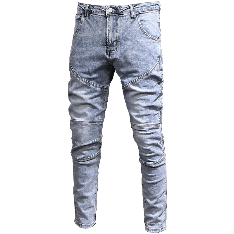 Fashion Men Light Blue Spliced Jeans Biker Mens Slim Fit Pants Cotton Denim Trousers