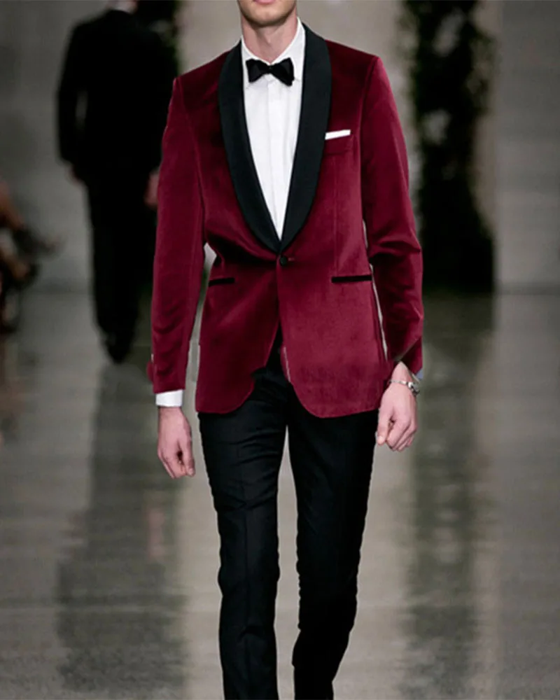 

Мужской бархатный костюм-смокинг, Красный Блейзер и брюки, костюм для жениха на свадьбу, выпускной костюм (пиджак + черные брюки), 2 шт.