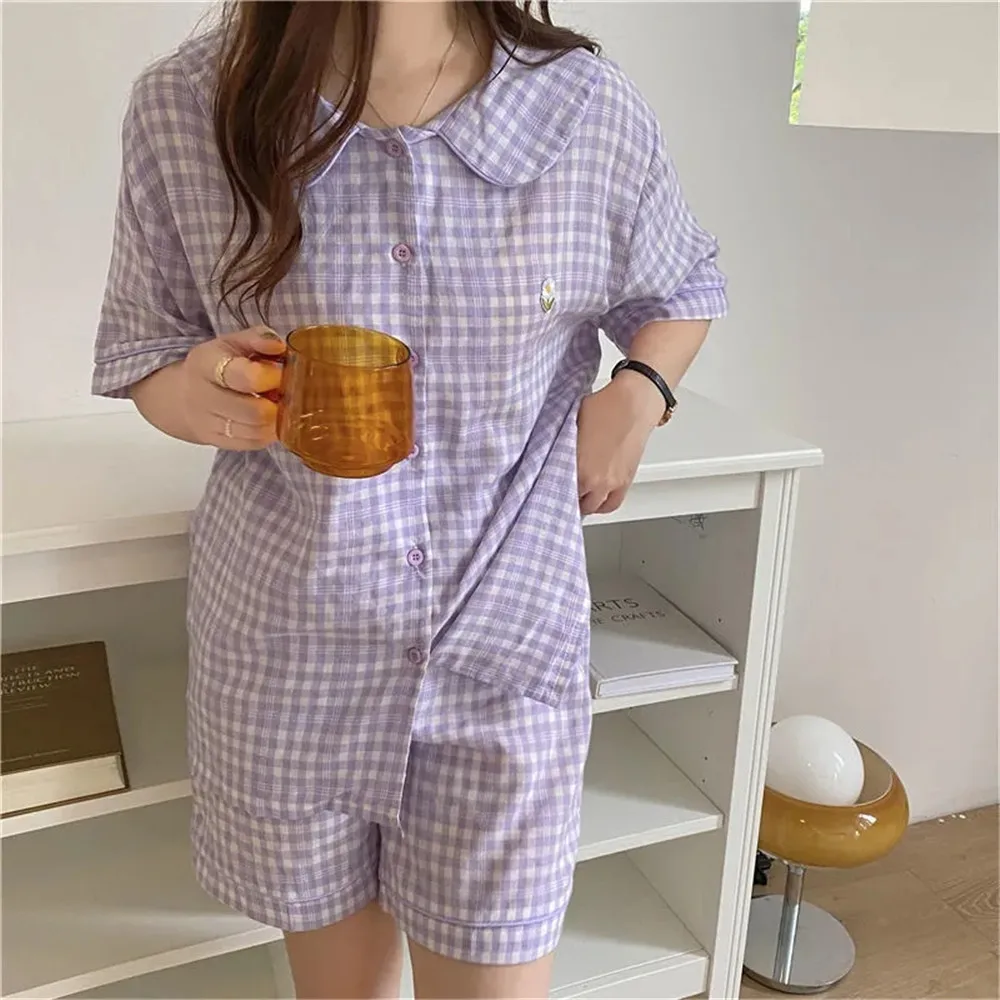 

New Flower Embroidery Pajamas Suit Purple Plaid Home Suit Short Sleeve Shorts 2 Piece Set Green Sleepwear Women'S Set Summer