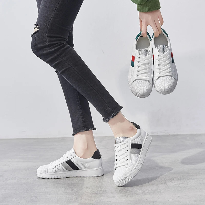 

Women Genuine Leather Casual Shoes 2020 Women Footwear Walking Flats Sneakers Breathable Platform White Woman Vulcanized Shoes