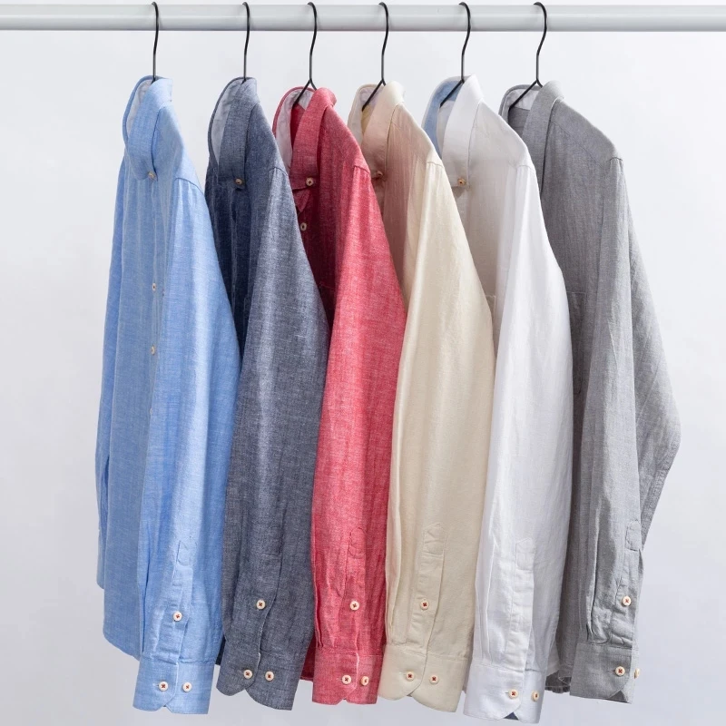 Men's Regular-Fit White Shirt Cotton Line Long Sleeve Loose Business Dress Pure Color Button Shirts Men Blue Tops Camisa Hombre