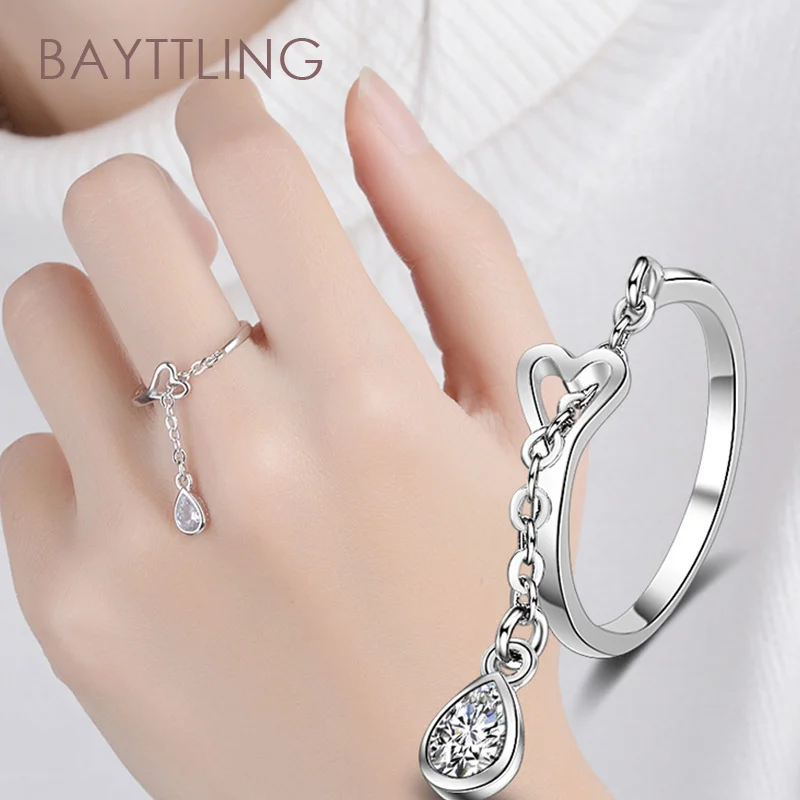 

BAYTTLING Silver Color Personalized Chain Heart Water Drop Zircon Open Ring For Women Fashion Charm Jewelry Wedding Gift