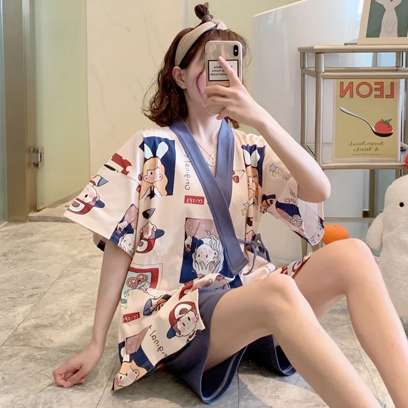 

Kimono Pajamas Cute Kawaii Japanese Sleepwear Homesuit Cartoon Summer Night Wear Cotton Pyjama 2021 New Fashion Bear Print Mujer