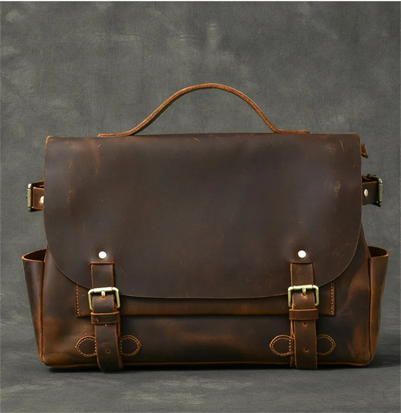 Business vintage natural crazy horse cowhide men's briefcase handmade genuine leather handbag work laptop shoulder messenger bag