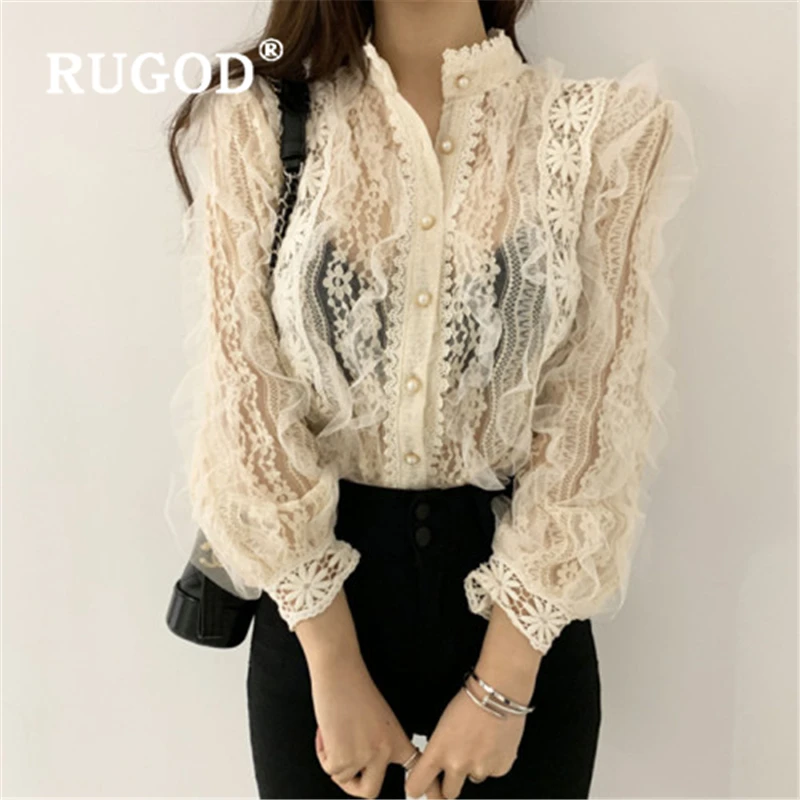 RUGOD Корейский темперамент женские блузки кружевная прозрачная блузка водолазка