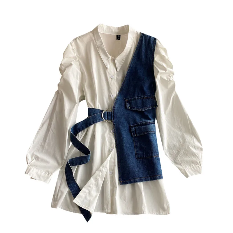 

2021 Spring Long Sleeve Asymmetrical Woman Shirt Dress + Denim Vest Two Piece Suits Girls Harajuku Casual Office Work Dresses