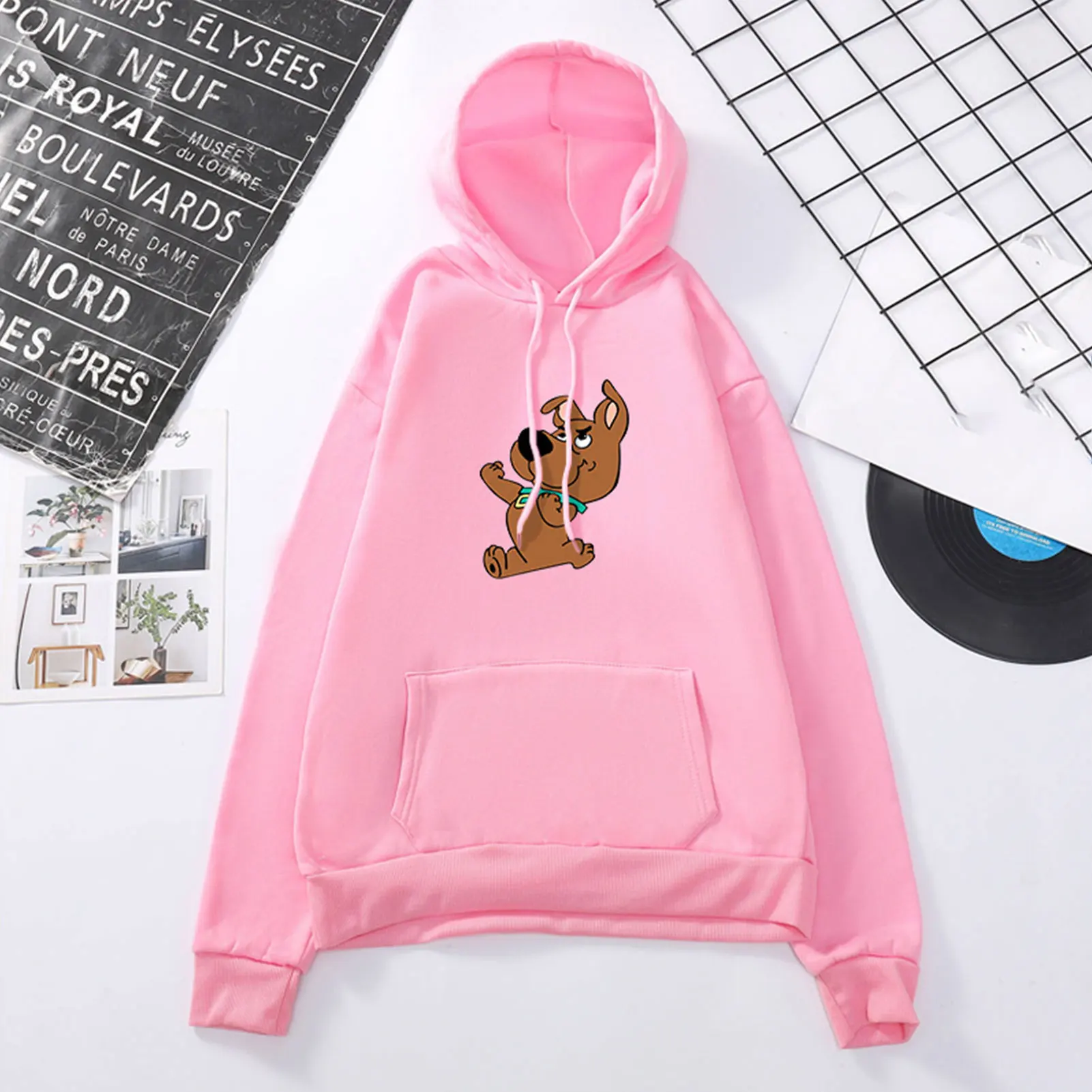 Autumn Women Cartoon Puppy Print Loose Hooded Sweatshirt Long Sleeve Hoodie