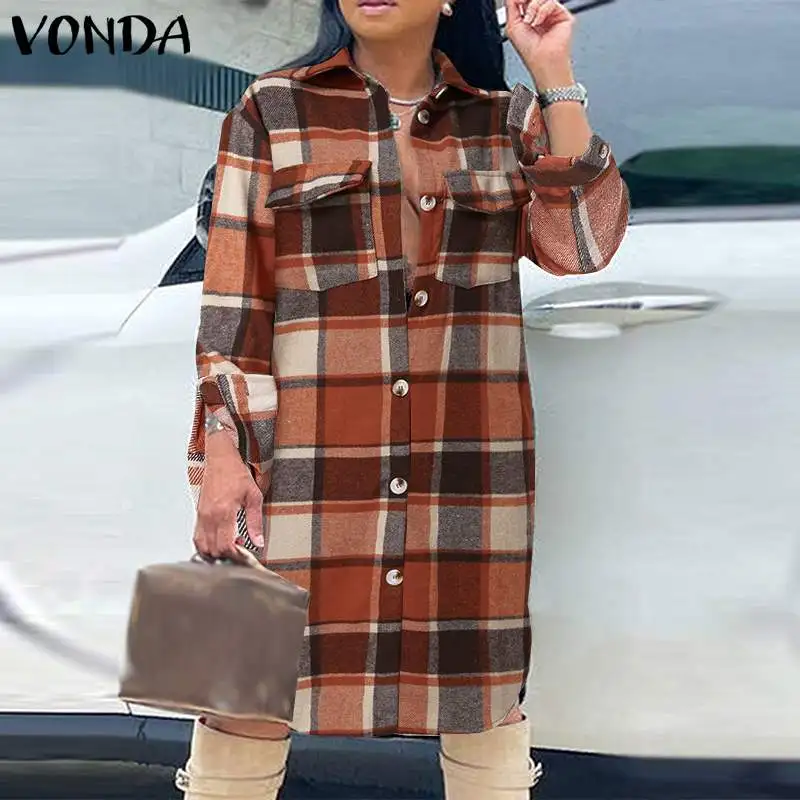 

VONDA Autumn Vintage Blouse 2022 Women Casual Lapel Button Down Party Shirts Loose Long Sleeve Plaid Printed Long Tops Blusas