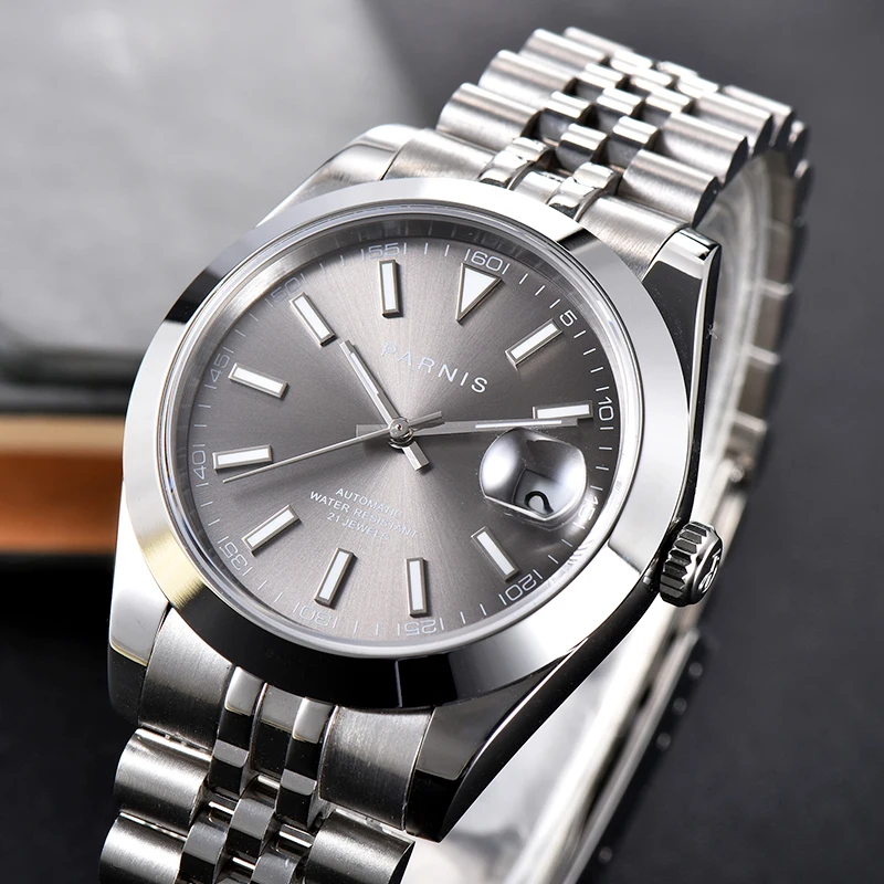 

Parnis 39.5mm Gray Dial Men's Watches Calendar Miyota 8215 Movement Automatic Mechanical Men Watch moda masculina 2021 Luxury