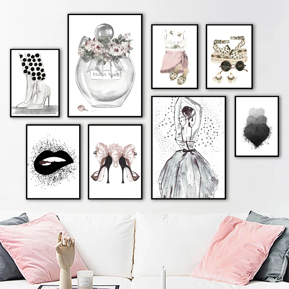 

Girl Lips Perfume High Heels Heart Flower Wall Art Canvas Painting Nordic Posters And Prints Wall Pictures For Living Room Decor