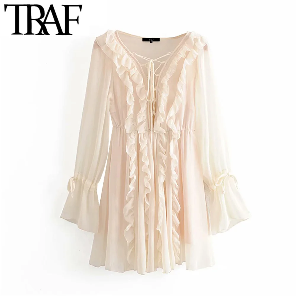Платье женское шифоновое с оборками TRAF винтажное стильное модное пляжное мини