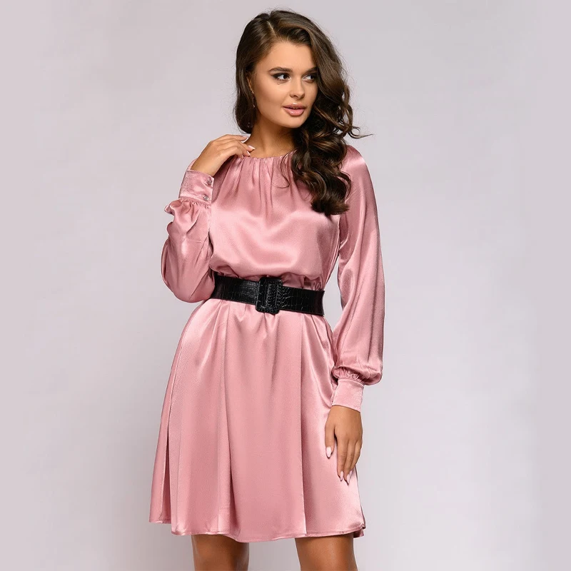 

Women Fashion Pink Satin Mini Dress Casual O-neck Lantern Sleeve Smooth Loose Straight Dress Elegant Solid Party Dress Autumn