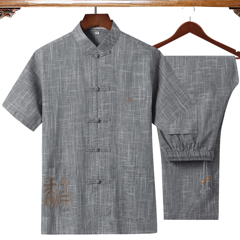 light gray 1 Серый китайский мужской костюм кунг-фу с вышивкой хлопковая льняная форма для ушу с длинными рукавами и пантстаи Чи набор плюс размер 4XL - Цвет: light gray 1