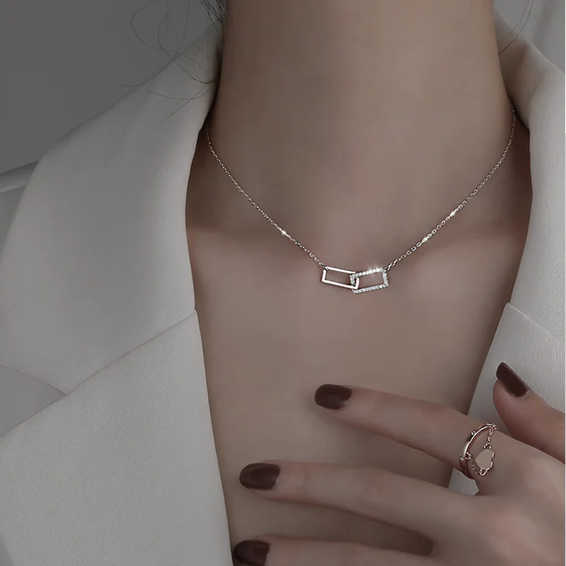 

New 925 Sterling Silver Shiny Rectangle Double Zircon Circle CZ Zirconia Necklaces Pendants Gift For Girl Choker NK064