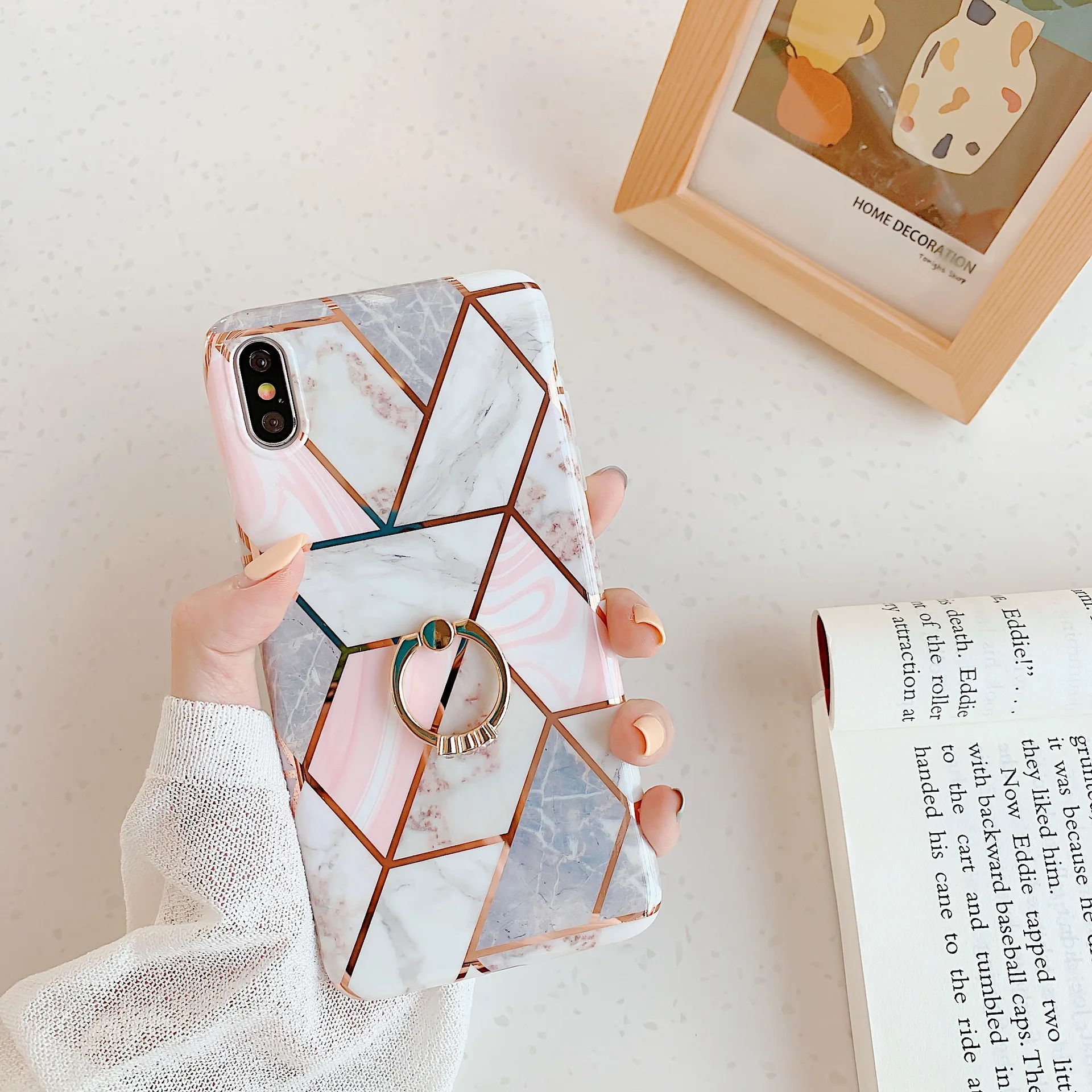 Luxury Gold Geometric Marble Phone Case for iPhone XS Max X XR 6 6s 7 8 Plus 11 Soft Silicone Diamond Ring Stand Holder Cover |