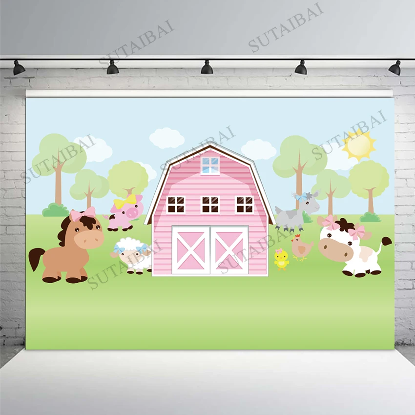 

Light Pink Farm Cottage Barn Barnyard Garden Animals Cow Horse Custom Baby Kids Birthday Photo Studio Backdrop Background Vinyl