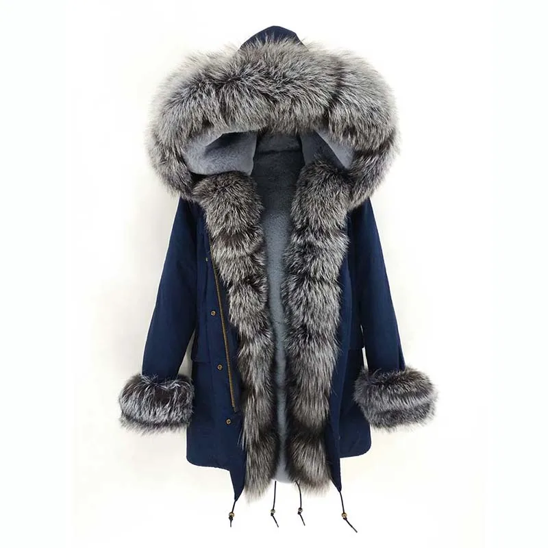 Женская Повседневная парка длинная теплая с воротником из натурального Лисьего