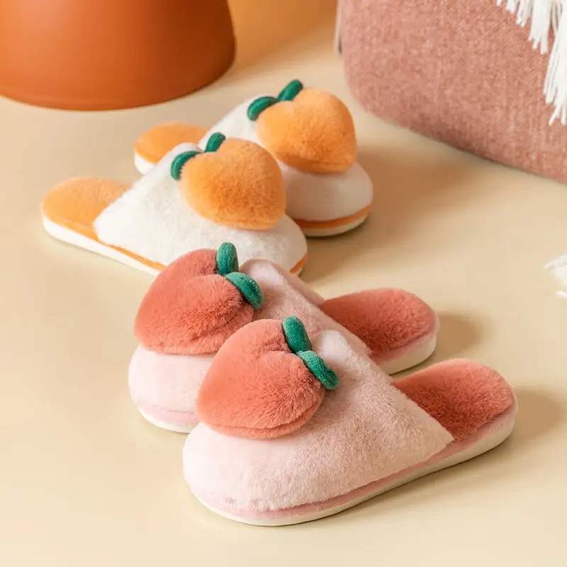 

QWEEK Peach Home Slippers Women Cartoon Fur Slides Warm Shoes Thick Chinelos Floor Fuzzy